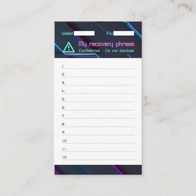 Crypto Wallet Password Recovery Seed Phrase 12 Business Card (Front)