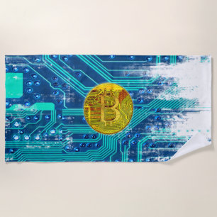 Cryptocurrency Bitcoin and Circuit Board  Beach Towel