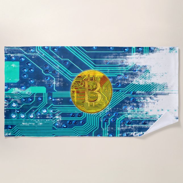 Cryptocurrency Bitcoin and Circuit Board  Beach Towel (Front)