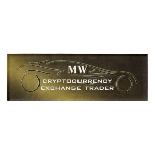Cryptocurrency, leather-effect, gold sports car name tag