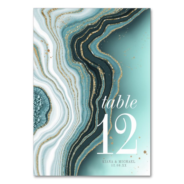 Crystal Agate Wedding Table Number Teal ID825 (Front)