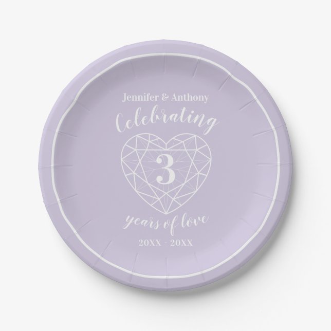 Crystal anniversary 3 years personalized party paper plate (Front)