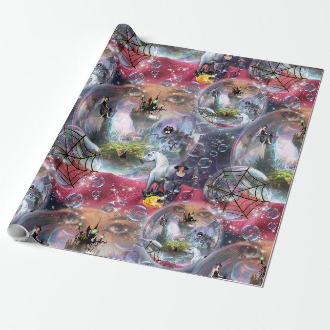 Crystal Ball Halloween Witch Wrapping Paper (Unrolled)
