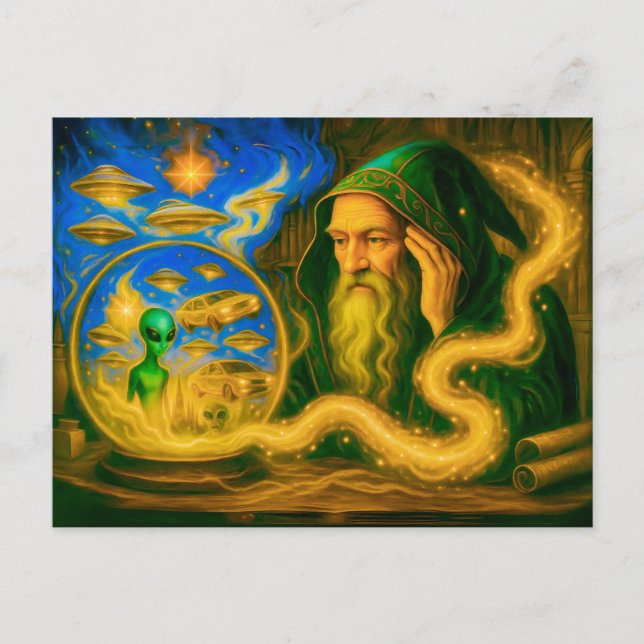 Crystal ball mage in oil-painted vision holiday postcard (Front)