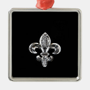 Crystal Black Fleur de lis Metal Ornament