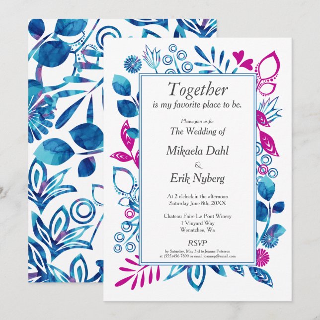 Crystal Blue and Magenta Floral Invitation (Front/Back)