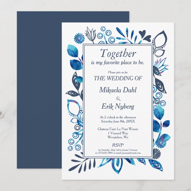 Crystal Blue & Blue-Grey Floral Pattern Invitation (Front/Back)