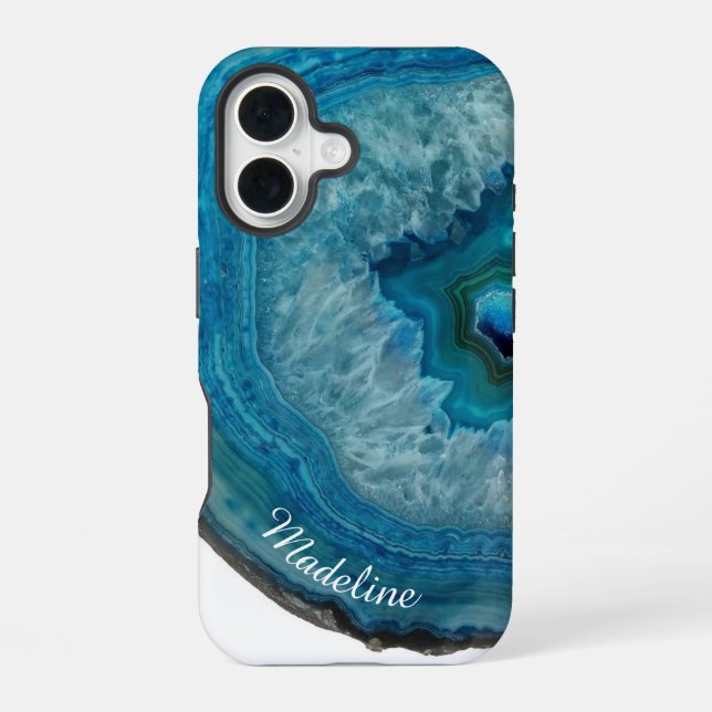 Crystal Blue Geode Slice | Personalized  iPhone 16 Case (Back)