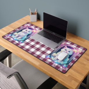 Crystal Cat Purple Black Plaid Cute White Kitten Desk Mat