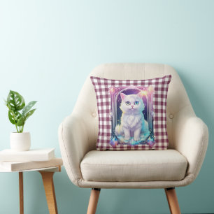 Crystal Cat Purple Black Plaid Cute White Kitten Throw Pillow