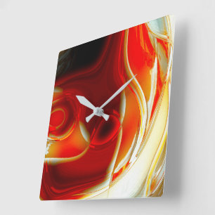 Crystal clear glass-style circular curves in red   square wall clock