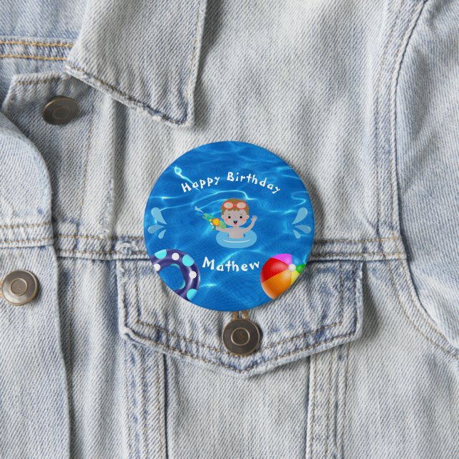 Crystal Clear Happy Birthday Pool Party  3 Inch Round Button (In Situ)