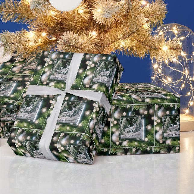 Crystal Deer Ornament On Pine Tree Wrapping Paper (Holidays)