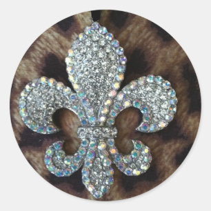 CRYSTAL FLEUR DE LIS ON LEOPARD BORDER PRINT CLASSIC ROUND STICKER