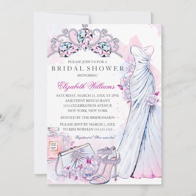 Crystal Floral Wedding Gown Bridal Shower invite (Front)