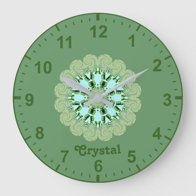 CRYSTAL~ Fractal Pattern Green Shades ~ Large Clock (Front)