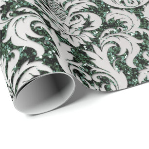 Crystal Glitter Cali Green Gray Silver Damask Wrapping Paper
