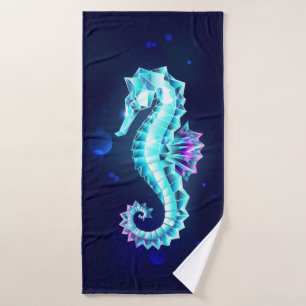 Crystal Ice Seahorse on Blue Background Bath Towel