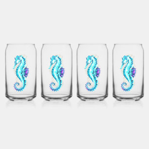 Crystal Ice Seahorse on Blue Background Can Glass