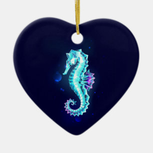 Crystal Ice Seahorse on Blue Background Ceramic Ornament
