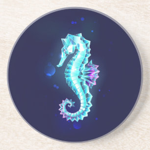 Crystal Ice Seahorse on Blue Background Coaster