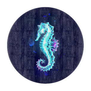 Crystal Ice Seahorse on Blue Background Cutting Board