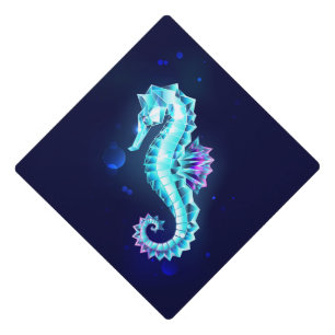 Crystal Ice Seahorse on Blue Background Graduation Cap Topper