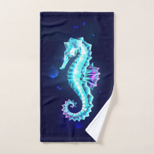 Crystal Ice Seahorse on Blue Background Hand Towel