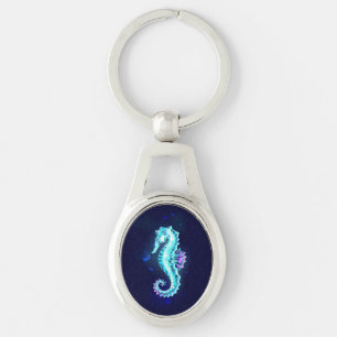Crystal Ice Seahorse on Blue Background Keychain