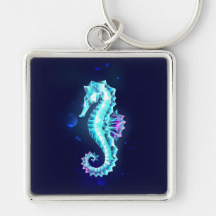 Crystal Ice Seahorse on Blue Background Keychain