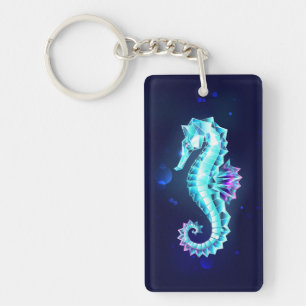 Crystal Ice Seahorse on Blue Background Keychain