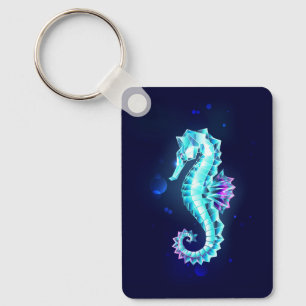 Crystal Ice Seahorse on Blue Background Keychain