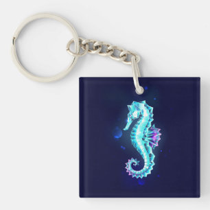 Crystal Ice Seahorse on Blue Background Keychain