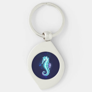 Crystal Ice Seahorse on Blue Background Keychain