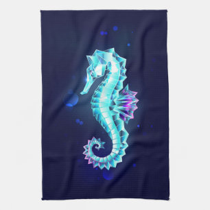 Crystal Ice Seahorse on Blue Background Kitchen Towel