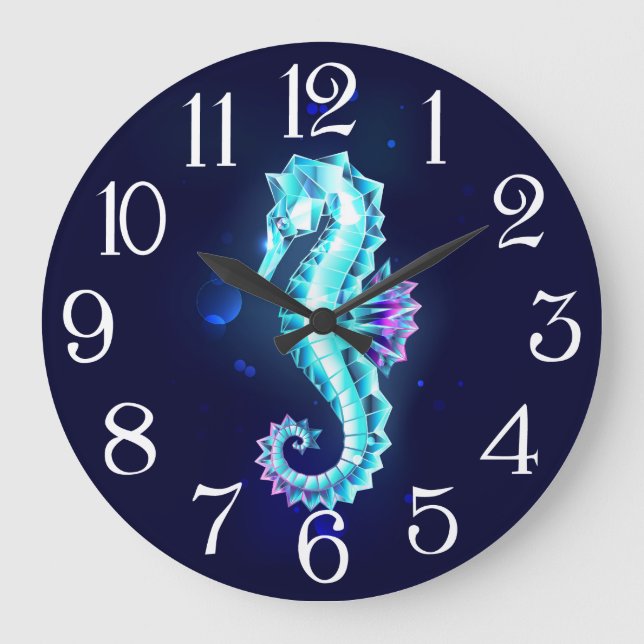 Crystal Ice Seahorse on Blue Background Large Clock (Front)