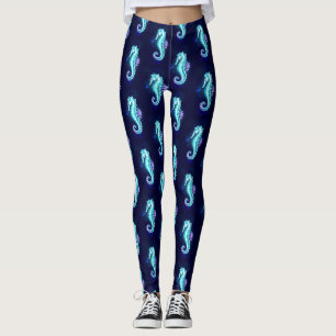 Crystal Ice Seahorse on Blue Background Leggings