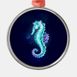Crystal Ice Seahorse on Blue Background Metal Ornament
