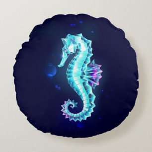 Crystal Ice Seahorse on Blue Background Round Pillow