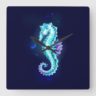 Crystal Ice Seahorse on Blue Background Square Wall Clock