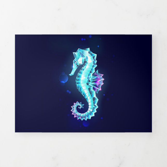 Crystal Ice Seahorse on Blue Background Tri-Fold Holiday Card (Cover)