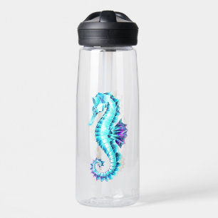 Crystal Ice Seahorse on Blue Background Water Bottle