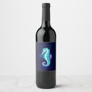 Crystal Ice Seahorse on Blue Background Wine Label