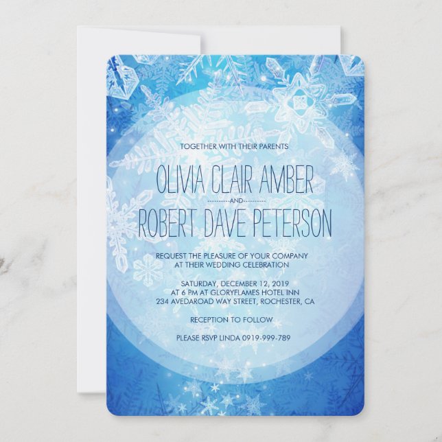 Crystal Icy Snowflakes on Blue Winter Wedding Invitation (Front)