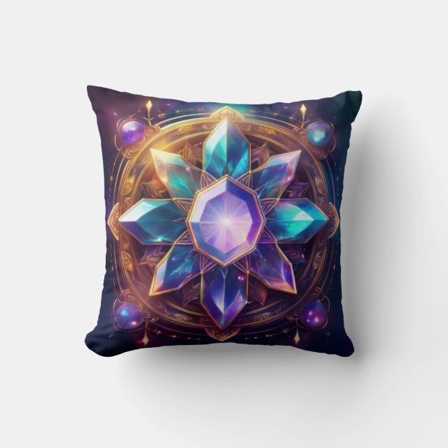 Crystal Mandala – Vibrant Gemstone Artwork Throw Pillow (Front)