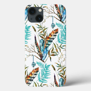 Crystal On The Branch Ferns And Colourful Feathers iPhone 13 Case