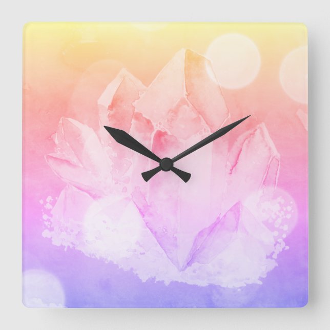 *Crystal Peaceful Pink Lavender Gold Healing Vibes Square Wall Clock (Front)