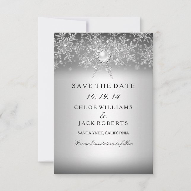 Crystal Pearl Snowflake Silver Save The Date (Front)