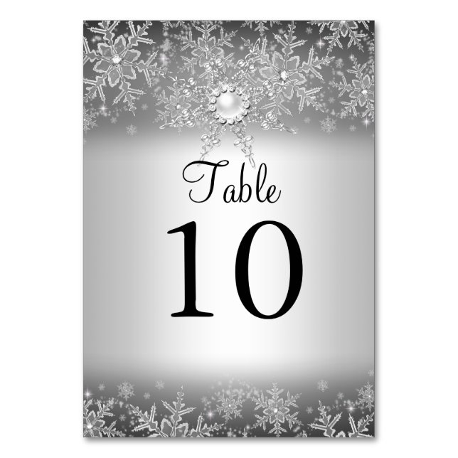 Crystal Pearl Snowflake Silver Table Number Card (Front)
