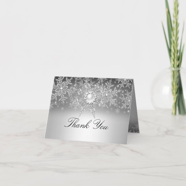 Crystal Pearl Snowflake Silver Thank You Card (Front)